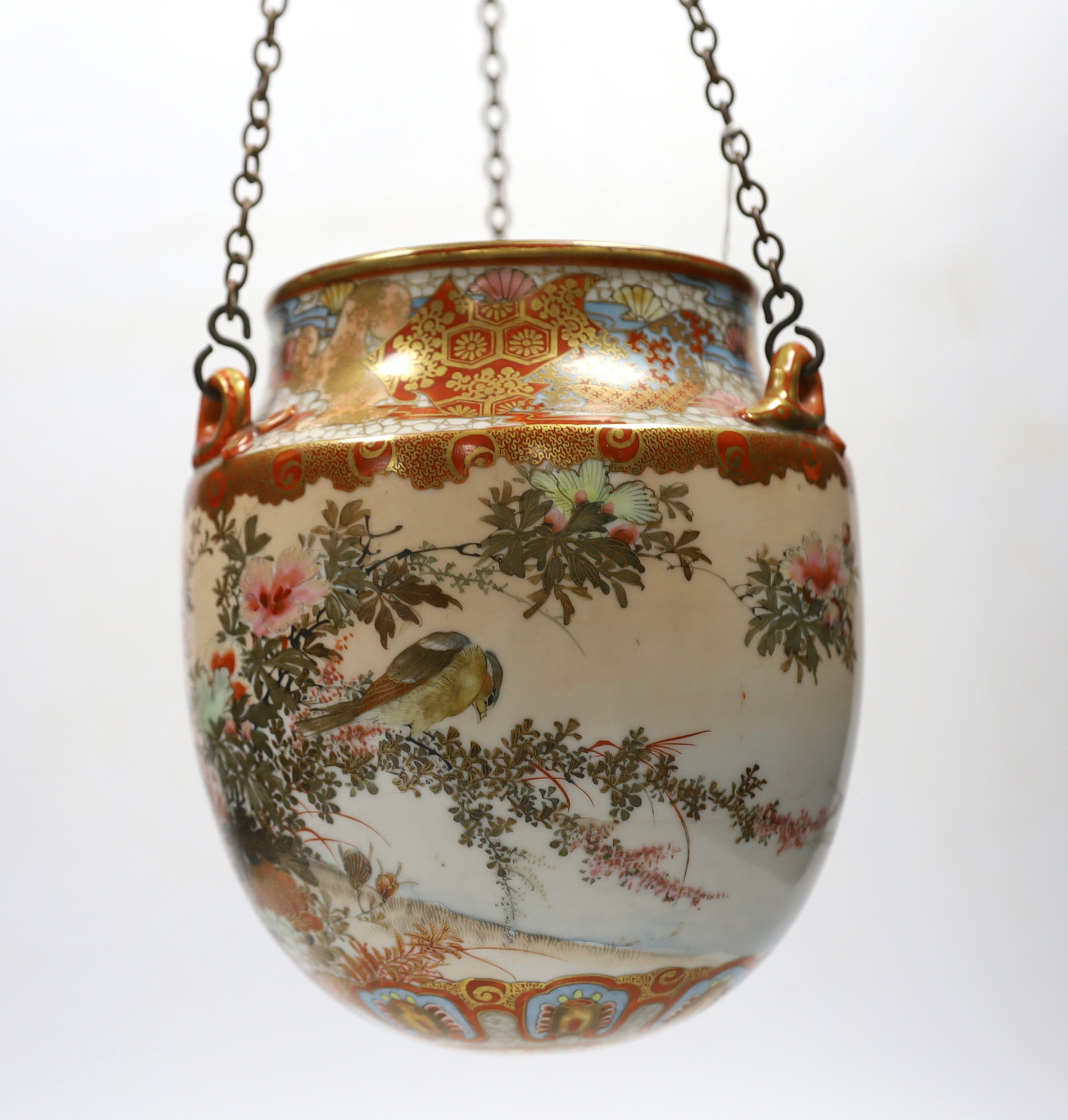 A Japanese Kutani hanging pot decorated with birds and flowers, Meiji period, 49cm high